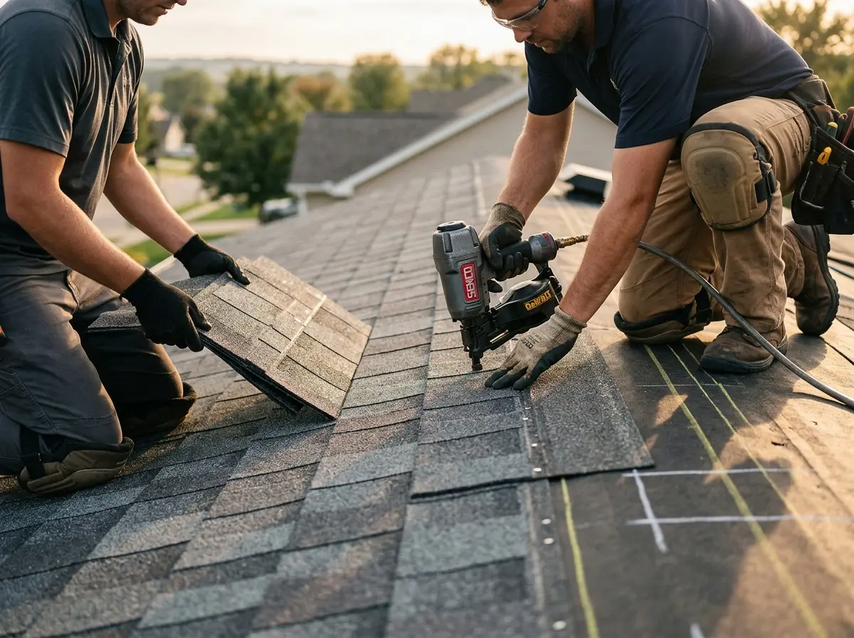 Professional roofer working on a residential roof in Satsuma